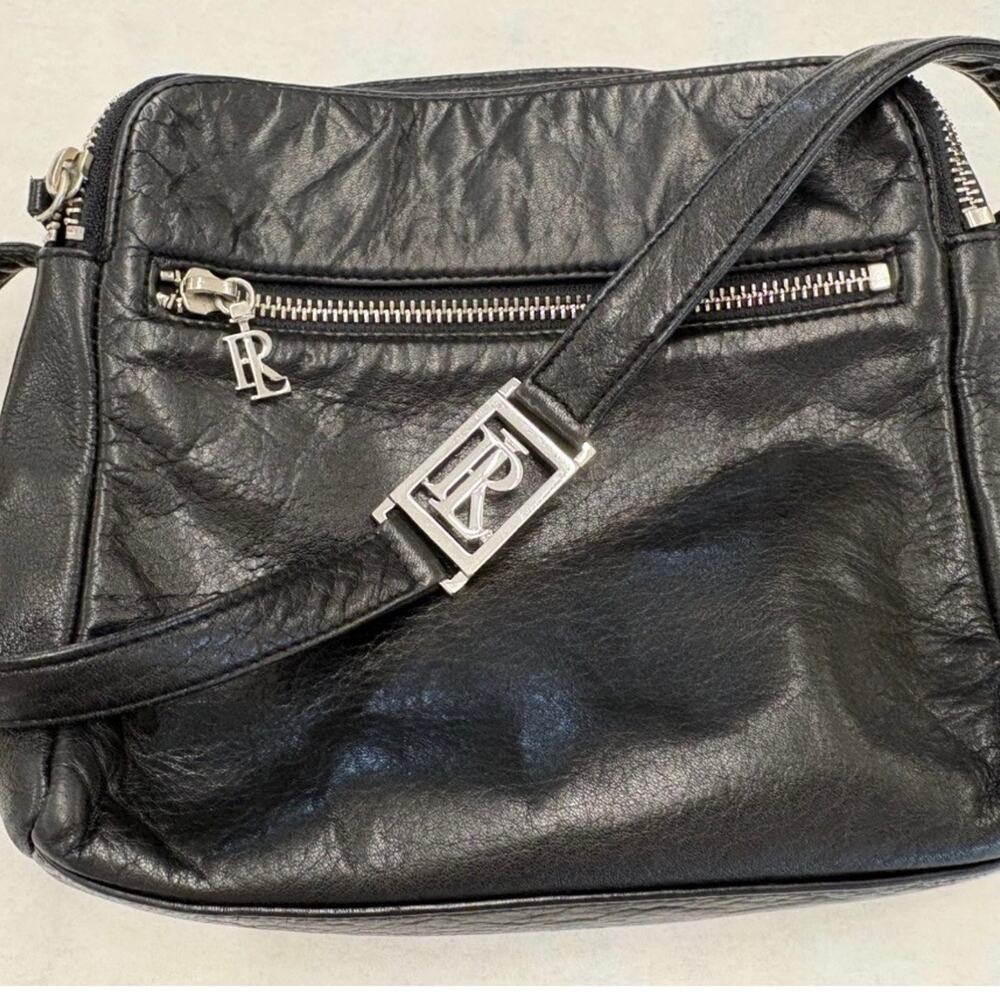 Vintage Ralph Lauren Leather Small Crossbody Bag RL Logo Black 90s Duel Zip Top